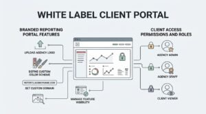 Infographic titled White Label Client Portal outlining branded reporting portal customization features alongside client access permissions and role hierarchies.