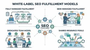Infographic titled White-Label SEO Fulfillment Models comparing fully managed, semi-managed, dedicated team, and shared resource pool delivery structures.