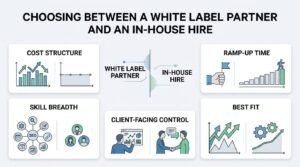 Infographic titled CHOOSING BETWEEN A WHITE LABEL PARTNER AND AN IN-HOUSE HIRE evaluating cost structure, ramp-up time, skill breadth, client-facing control, and best-fit criteria across five comparison cards.
