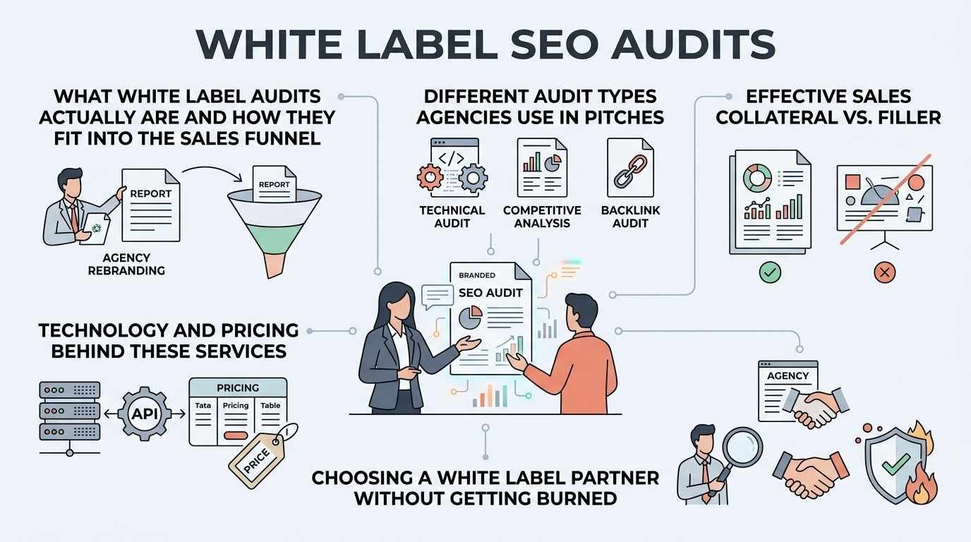 Infographic titled White Label SEO Audits detailing sales funnel integration, pitch audit types, effective collateral vs filler, underlying tech and pricing, and choosing partners safely.