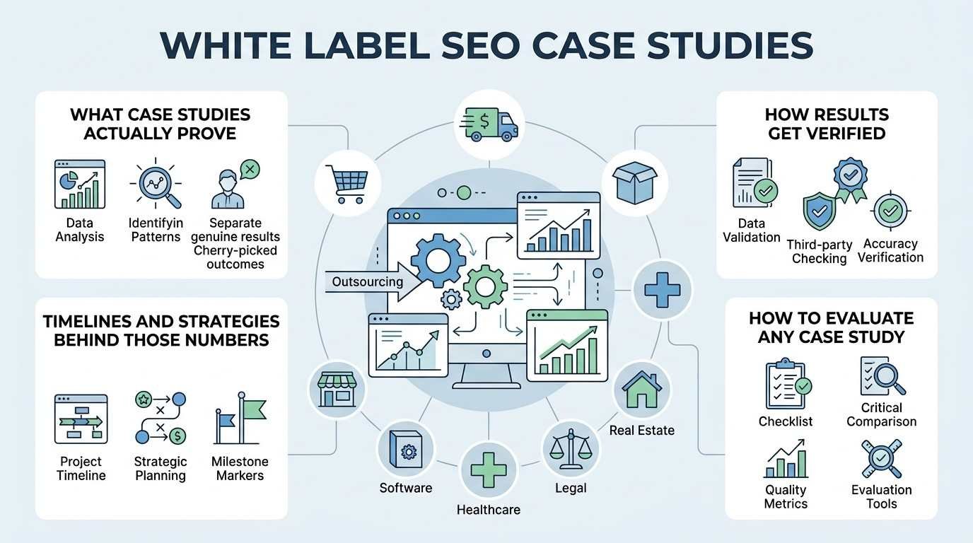 Infographic titled White Label SEO Case Studies detailing what case studies prove, verification methodologies, evaluation criteria, vertical industries, and timelines and strategies behind the numbers.