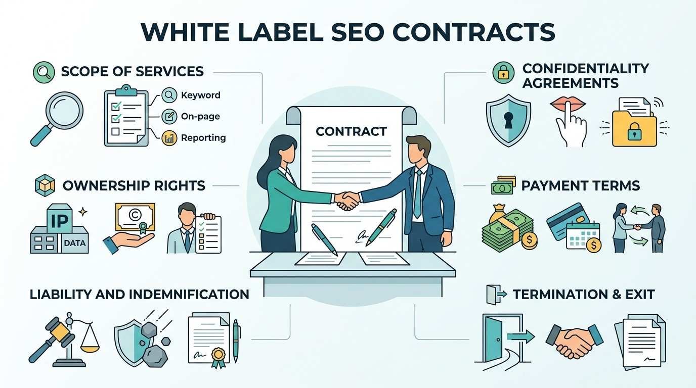 Infographic titled White Label SEO Contracts outlining key legal components: scope of services, ownership rights, liability and indemnification, confidentiality agreements, payment terms, and termination and exit.