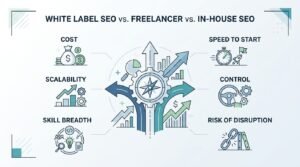 Infographic titled WHITE LABEL SEO vs. FREELANCER vs. IN-HOUSE SEO comparing fulfillment models across cost, scalability, skill breadth, speed to start, control, and risk of disruption around a central strategic compass hub.