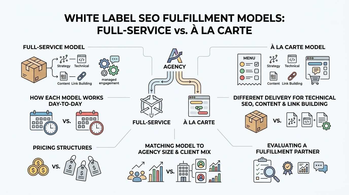 Infographic titled White Label SEO Fulfillment Models: Full-Service vs. À La Carte comparing agency workflows, delivery methods, pricing structures, and partner evaluation.