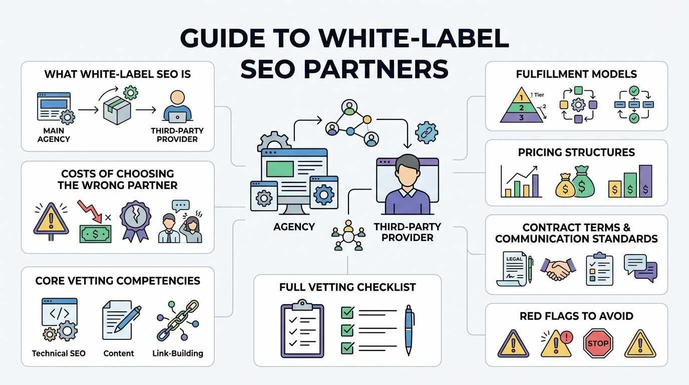 Infographic titled Guide to White-Label SEO Partners detailing agency outsourcing workflows, vetting competencies, fulfillment models, and red flags.