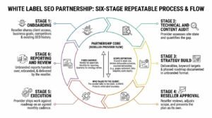 White label SEO partnership flowchart outlining a six-stage repeatable process from onboarding and auditing to strategy, reseller approval, execution, and reporting.