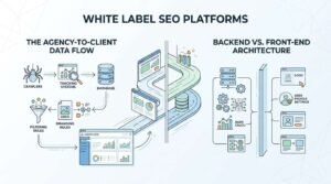 Infographic titled White Label SEO Platforms illustrating the agency-to-client data flow and comparing backend vs front-end architecture.