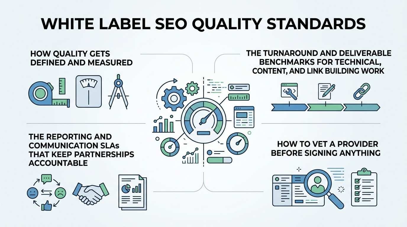 Infographic titled White Label SEO Quality Standards detailing how quality is measured, deliverable benchmarks for technical, content, and link building, communication SLAs, and provider vetting.