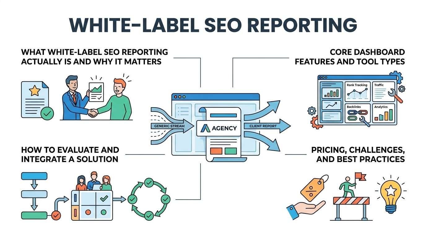 Infographic titled White-Label SEO Reporting detailing generic data stream transformation into agency-branded client reports, core dashboard features, integration workflows, and best practices.
