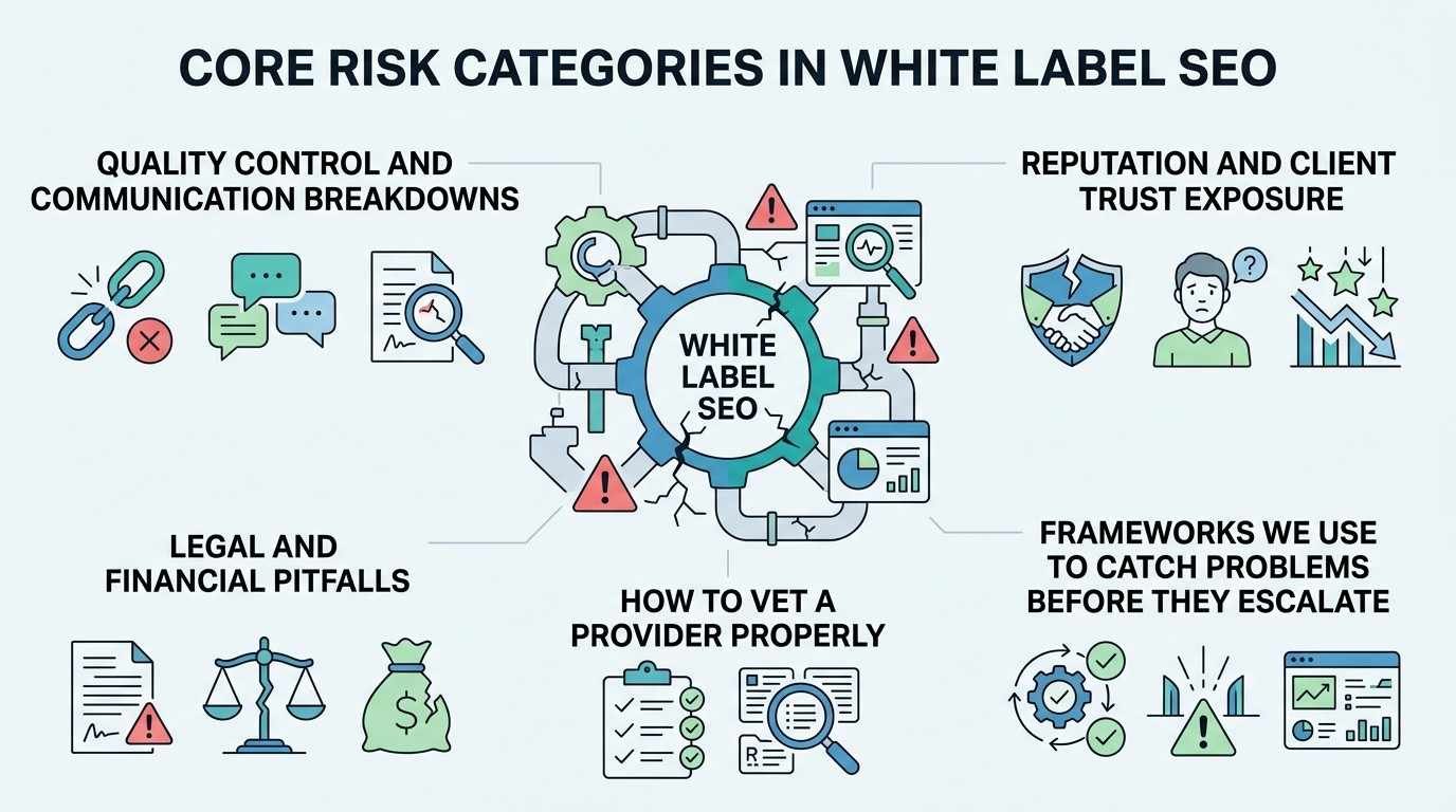 Infographic titled Core Risk Categories in White Label SEO mapping quality control breakdowns, client trust exposure, legal and financial pitfalls, provider vetting, and early escalation frameworks