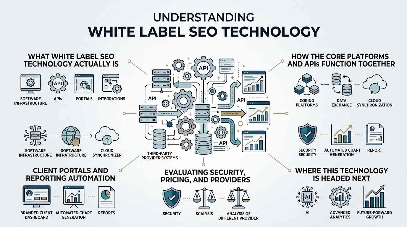 Infographic titled Understanding White Label SEO Technology detailing software infrastructure, platform and API integrations, client portals, security evaluation, and future AI-driven technology trends.