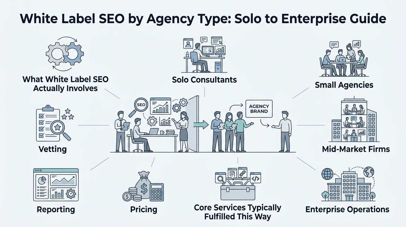 Infographic titled White Label SEO by Agency Type: Solo to Enterprise Guide illustrating agency tiers from solo consultants to enterprise operations alongside core operational components like vetting, pricing, reporting, and fulfillment