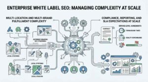 Infographic titled ENTERPRISE WHITE LABEL SEO: MANAGING COMPLEXITY AT SCALE detailing multi-location and multi-brand fulfillment complexity alongside compliance, reporting, and SLA expectations at scale around a central multi-gear command hub.
