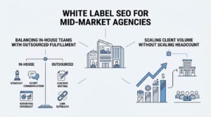 Infographic titled WHITE LABEL SEO FOR MID-MARKET AGENCIES illustrating how to balance in-house teams with outsourced fulfillment and scale client volume without scaling headcount around a mid-market corporate agency building hub.