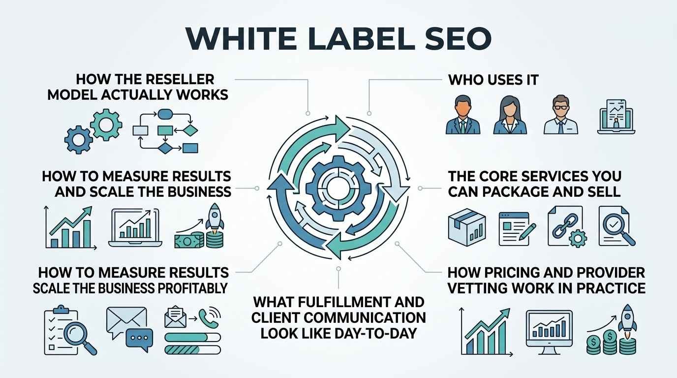 Infographic titled White Label SEO mapping the reseller model, target users, core packaged services, pricing and vetting, day-to-day fulfillment, and profitable scaling frameworks.