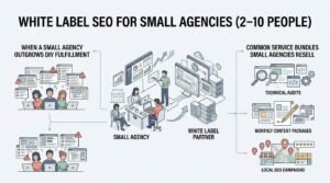 Infographic titled WHITE LABEL SEO FOR SMALL AGENCIES (2–10 PEOPLE) illustrating the shift when a small agency outgrows DIY fulfillment to work with a white-label partner, featuring common resold service bundles.