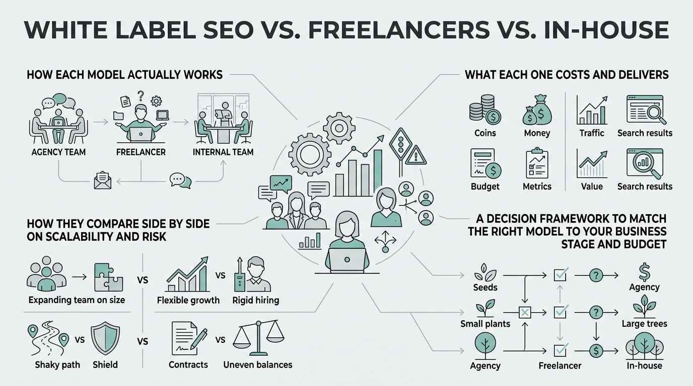 Infographic titled WHITE LABEL SEO VS. FREELANCERS VS. IN-HOUSE comparing operational models, costs and deliverables, scalability and risk tradeoffs, and a business decision framework.