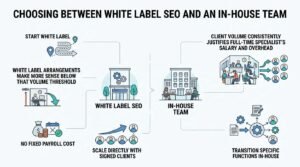 Infographic titled Choosing Between White Label SEO and an In-House Team comparing agency growth stages, payroll risk, volume thresholds, and hybrid service transitions.