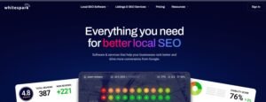 Whitespark homepage hero banner titled 'Everything you need for better local SEO' showcasing local ranking geo-grid previews, review ratings, and a 76% visibility score.