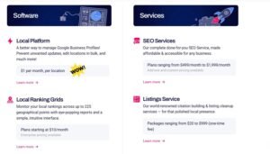 Whitespark software and services pricing menu showing Local Platform at $1/mo per location, Local Ranking Grids from $10/mo, SEO Services from $499 to $1,999/mo, and Listings Service from $20 to $999.