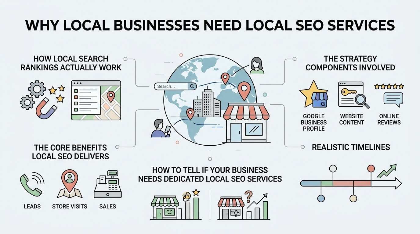 Infographic titled WHY LOCAL BUSINESSES NEED LOCAL SEO SERVICES detailing ranking mechanics, core business benefits, strategy components, timeline milestones, and service need indicators surrounding a central globe, local storefront, and mobile searchers