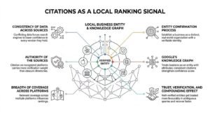Citations as a local ranking signal infographic illustrating how cross-platform consistency feeds Google's Knowledge Graph to establish a verified business entity.