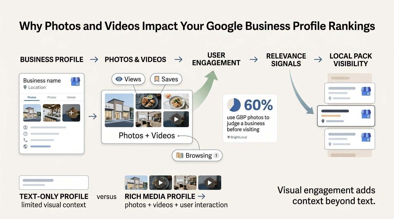 Infographic showing how Google Business Profile photos and videos can provide visual context and user engagement signals that support relevance and local pack visibility.