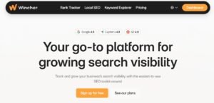 Wincher homepage hero section reading 'Your go-to platform for growing search visibility' with review badges from Google, Capterra, and G2, alongside Sign up for free and See our plans buttons.