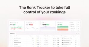 Wincher Rank Tracker dashboard titled 'The Rank Tracker to take full control of your rankings' showing 542 position changes, 22.5 average position, 7.5M traffic, 24 first positions, and a tracked keywords table.
