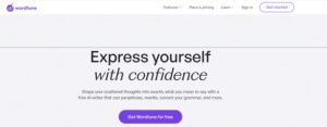 Wordtune homepage hero section titled 'Express yourself with confidence' featuring a value proposition for an AI writing partner and a purple Get Wordtune for free call-to-action button.