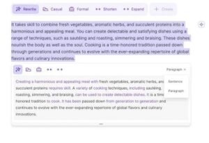 Wordtune text editor interface showing highlighted source text on cooking alongside an AI paragraph rewrite suggestion box with tone and length options.