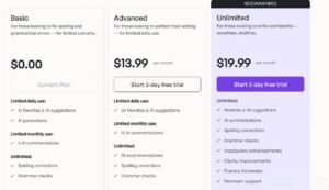 Wordtune pricing comparison table showing Basic at $0.00, Advanced at $13.99 per month, and Unlimited at $19.99 per month with a 3-day free trial.