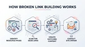 Infographic titled HOW BROKEN LINK BUILDING WORKS displaying a four-step horizontal process inside hexagonal frames: 1. Identify Resource Pages (targeting niche with magnifying glass and compass), 2. Scan for Dead Links (finding 404 errors on web pages), 3. Create Matching Content (developing replacement web assets with code and ideas), and 4. Contact Site Owner (email outreach to webmaster).