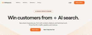 Writesonic homepage hero section titled 'Win customers from AI search.' featuring an AI Search Growth Engine tag, demo booking, and 7-day free trial buttons.