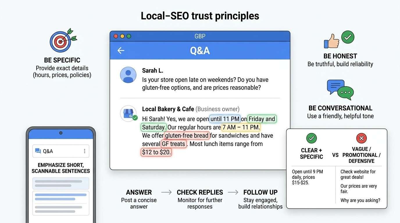 Infographic illustrating local SEO trust principles for Google Business Profile Q&A, emphasizing specific, honest, conversational answers with clear details, concise responses, and follow-up engagement.