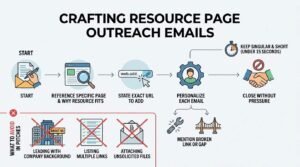 Infographic titled CRAFTING RESOURCE PAGE OUTREACH EMAILS illustrating a 5-step outreach writing process (Start, Reference Specific Page & Why Resource Fits, State Exact URL to Add, Personalize Each Email with broken link or gap mention, Close Without Pressure under 15 seconds) alongside a 'WHAT TO AVOID IN PITCHES' section flagging leading with company background, listing multiple links, and attaching unsolicited files.