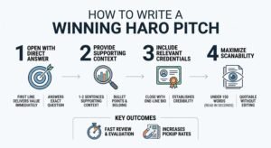 Infographic titled HOW TO WRITE A WINNING HARO PITCH detailing a 4-step horizontal process: 1. Open with Direct Answer (target icon; first line delivers value immediately, answers exact question), 2. Provide Supporting Context (magnifying glass on graph; 1-2 sentences supporting context, bullet points & bolding), 3. Include Relevant Credentials (certificate diploma; close with one-line bio, establishes credibility), and 4. Maximize Scanability (document eye icon; under 150 words read in seconds, quotable without editing), resulting in Key Outcomes: Fast Review & Evaluation and Increases Pickup Rates.