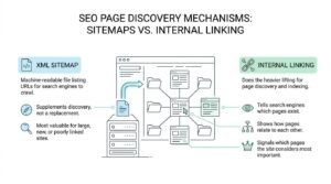 SEO page discovery mechanisms infographic comparing XML sitemaps versus internal linking, illustrating a central website architecture graphic flanked by the specific discovery benefits of each method.