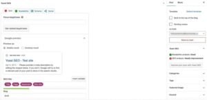 Yoast SEO meta box and WordPress sidebar panel showing on-page configuration options for Focus keyphrase, Google SERP snippet preview, SEO title variables, slug, and readability scores