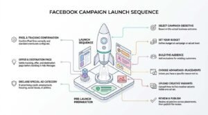 Facebook campaign launch sequence infographic showing pre-launch preparations and live campaign setup steps arranged around an isometric rocket launch platform.