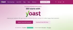 Yoast SEO homepage hero section featuring the headline 'SEO starts with Yoast', value proposition subcopy, call-to-action buttons for Premium and Free versions, and a 4.6-star Trustpilot rating badge.