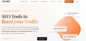 Zutrix homepage hero banner titled 'SEO Tools to Boost your Traffic' featuring social proof badges, email trial signup, and floating metric cards showing keyword movements and new backlinks.