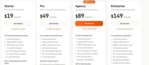 Zutrix subscription pricing table comparing Starter at $19/mo, Pro at $49/mo, Agency at $89/mo, and Enterprise at $149/mo, detailing tracked keywords, team members, and content credits.