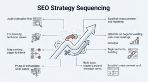 B2B technical educational infographic titled 'SEO Strategy Sequencing' illustrating an eight-step execution roadmap along an ascending multi-band arrow trajectory-starting with indexation audits and technical fixes, moving through intent mapping and page pruning, to topic clustering, on-page optimization, authority building, and reporting measurement