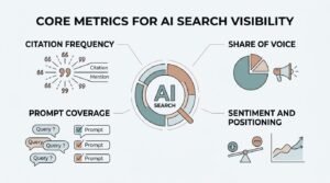 Infographic on core metrics for AI search visibility, detailing citation frequency, share of voice, prompt coverage, and sentiment and positioning.