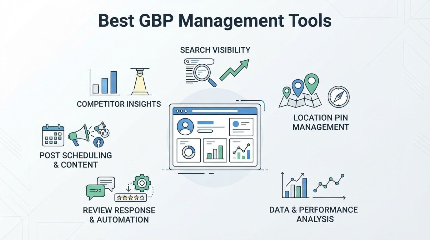 Infographic on the best Google Business Profile management tools, detailing competitor insights, search visibility, location pin management, data and performance analysis, review response and automation, and post scheduling and content.