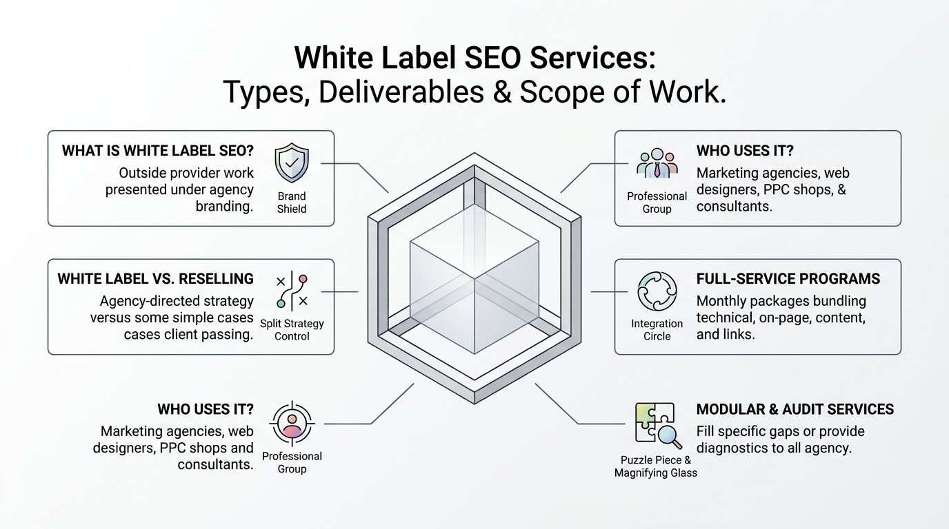 Educational B2B infographic titled 'White Label SEO Services: Types, Deliverables & Scope of Work' centered on a 3D isometric cube-within-a-cube graphic, outlining six core operational facets: service definition, agency reselling differences, user archetypes, full-service programs, and modular audit services