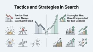 Infographic on tactics and strategies in search, comparing tactics that have always eventually failed with strategies that have compounded for two decades