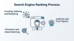 Educational B2B SEO infographic titled 'Search Engine Ranking Process' centered on a professional avatar framed by mechanical cogs and a search browser window, illustrating three sequential algorithmic stages: Crawling, Indexing, and Rendering; Relevance and Intent Matching; and Authority and Trust Signals
