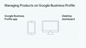 Infographic on managing products on Google Business Profile, detailing the Google Business Profile app on the left and the desktop dashboard on the right.